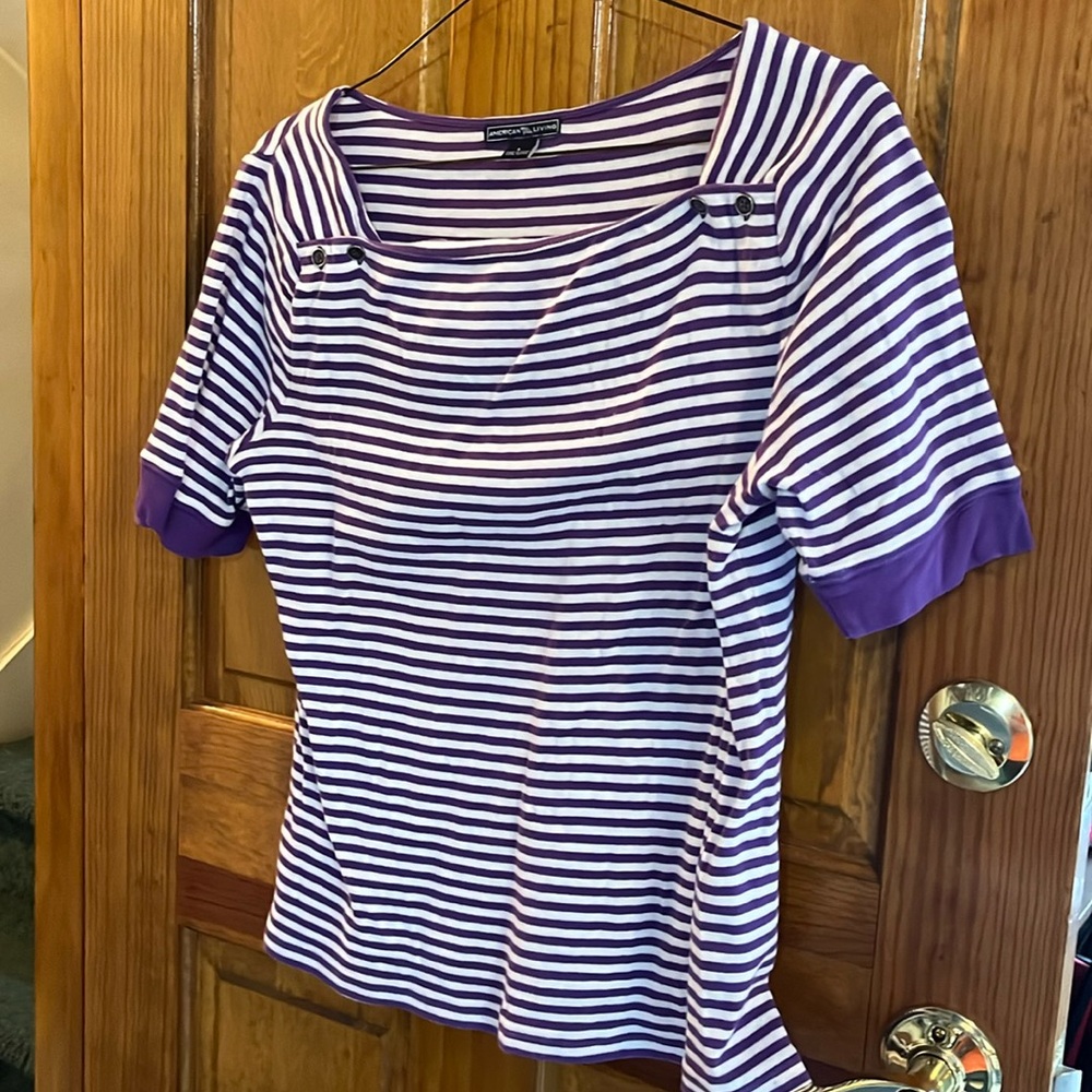 American Living Purple and White Striped Short Sleeve Top Size L